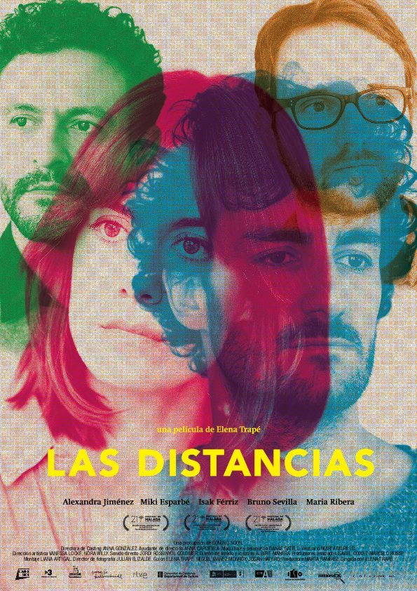 Cartel de la película "Las Distancias" que muestra los rostros superpuestos y semitransparentes de cinco personas en tonos rojos, verdes y azules.